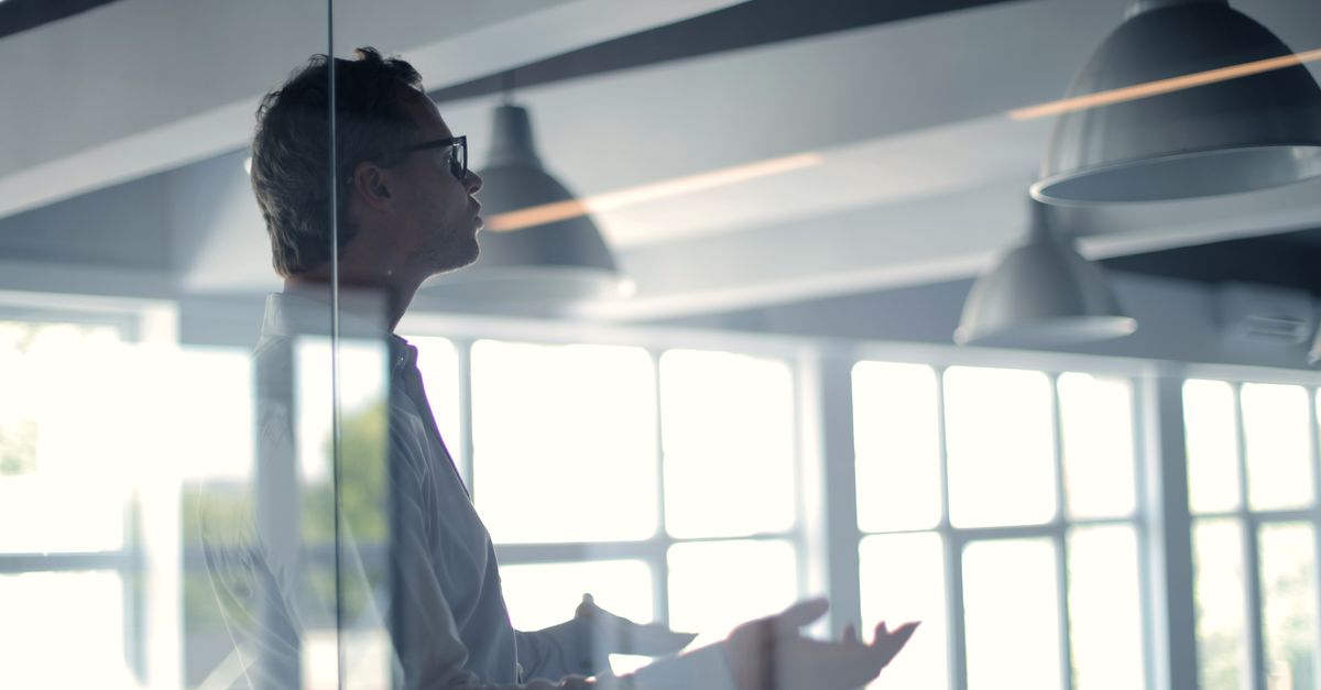 Through glass view of adult businessman in glasses and white shirt gesturing while holding presentation in spacious office